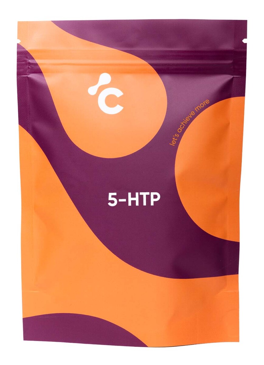 Front view of Cerebra’s 5 htp capsules in a orange and red packaging