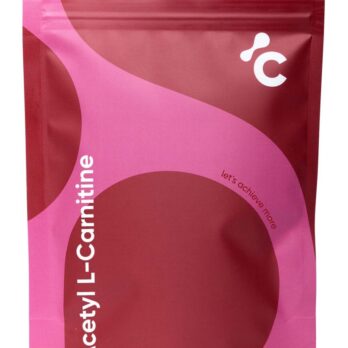 Vooraanzicht van Cerebra's acetyl L carnitine-capsules in een rode en roze verpakking