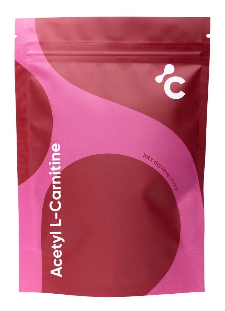 Vooraanzicht van Cerebra's acetyl L carnitine-capsules in een rode en roze verpakking