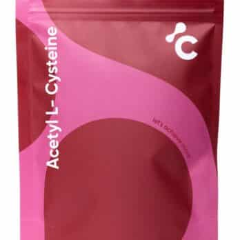 Front view of Cerebra’s Acetyl L Cysteine capsules in a red and pink packaging