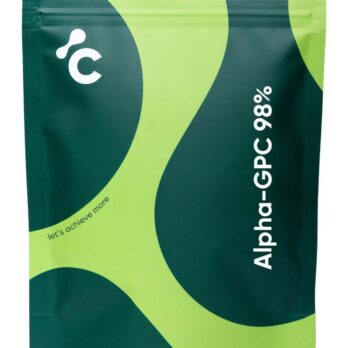 Vooraanzicht van Cerebra's Alpha GPC 98% capsules in een groene en kalkverpakking voor energieondersteuning