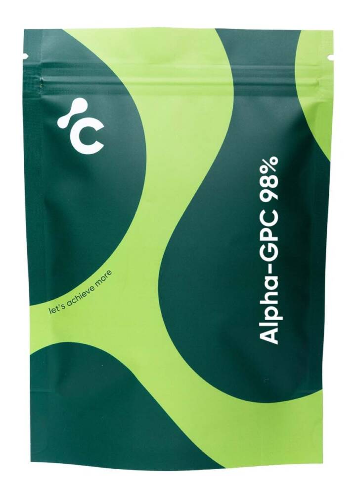 Vooraanzicht van Cerebra's Alpha GPC 98% capsules in een groene en kalkverpakking voor energieondersteuning