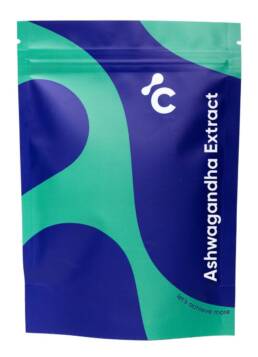 Frontansicht von Cerebas Ashwagandha -Acapseln in einer blauen und türkisfarbenen Verpackung für den Fokusunterstützung