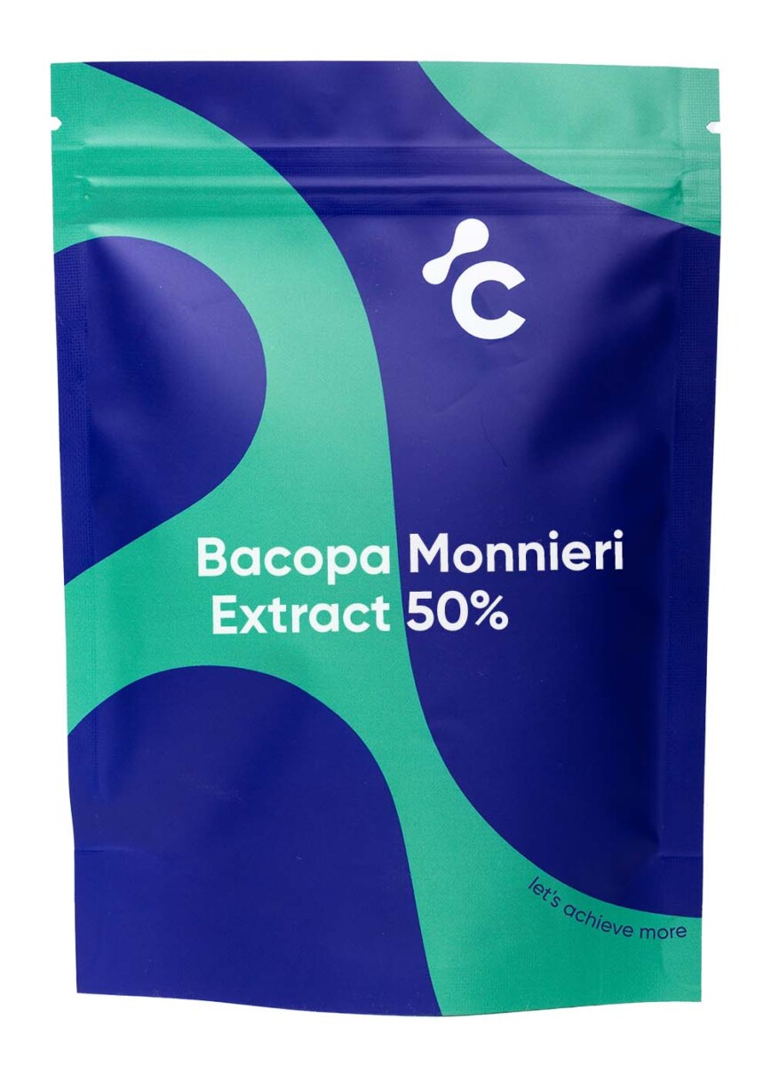 Frontansicht auf Cerebras Bacopa Monnieri Extrakt 50% Kapseln in einer blauen und türkisfarbenen Verpackung