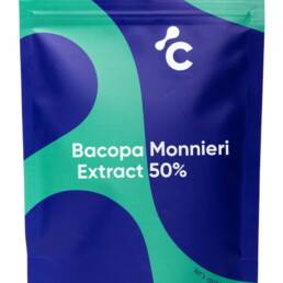 Vista frontal del extracto de Bacopa Monnieri de Cerebra 50% de cápsulas en un embalaje azul y turquesa