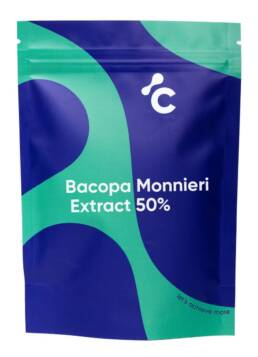 Vista frontal del extracto de Bacopa Monnieri de Cerebra 50% de cápsulas en un embalaje azul y turquesa