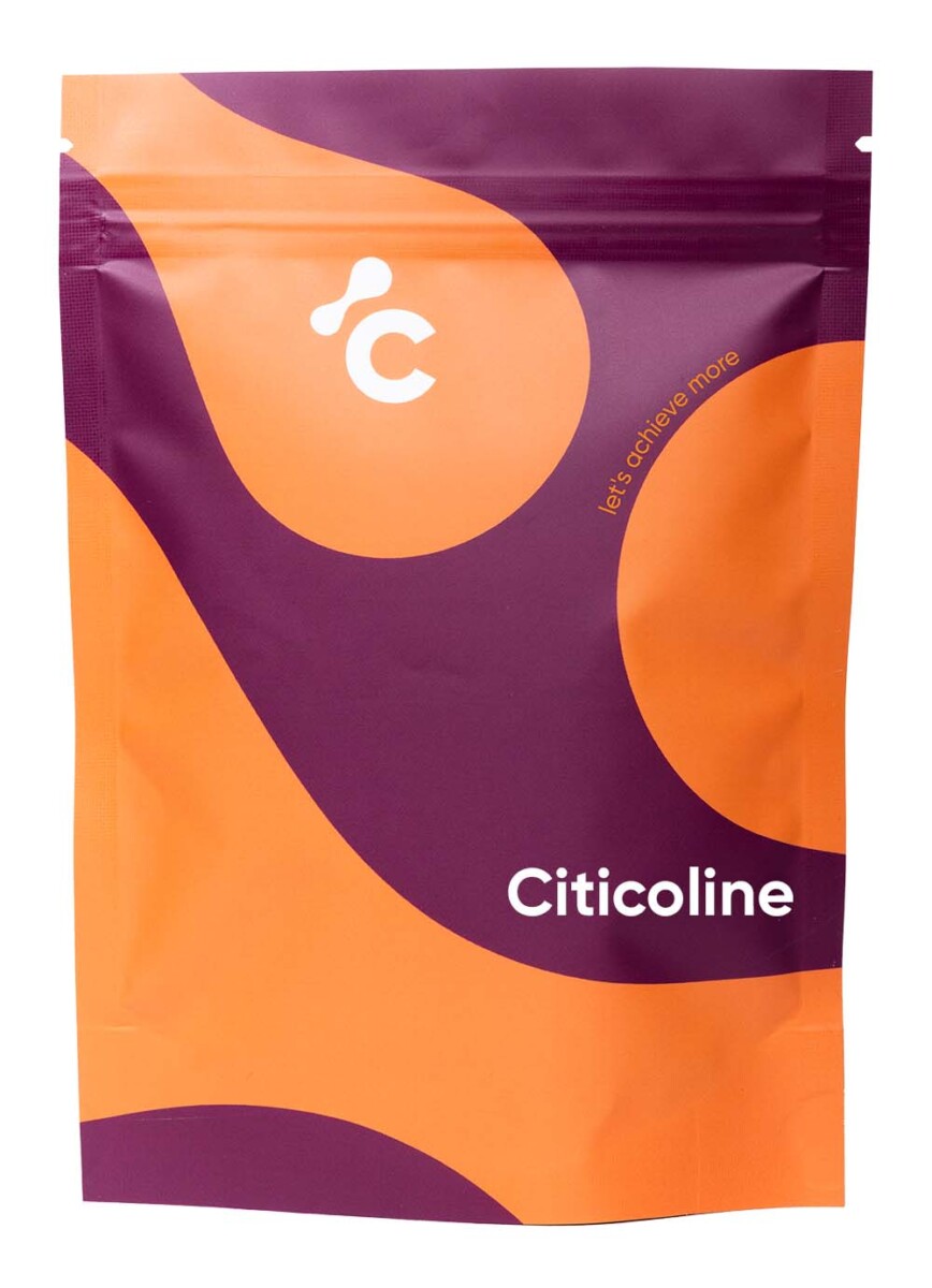 Vooraanzicht van Cerebra's Citicoline kopen capsules in een oranje en rode verpakking voor stemmingsondersteuning