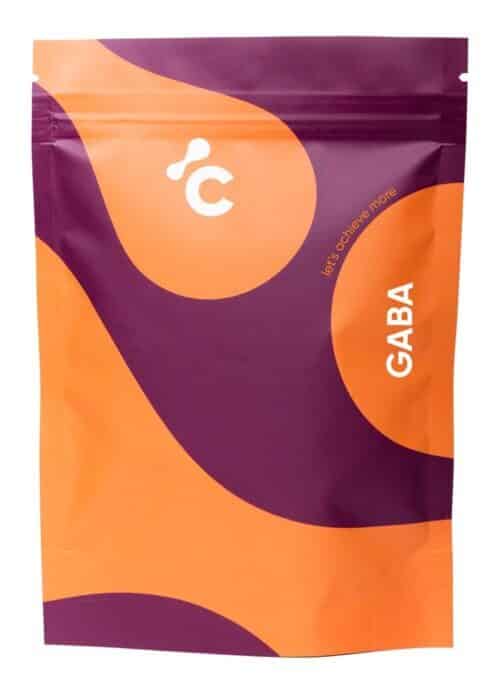 "Front view of Cerebra’s GABA capsules in a orange and red packaging "