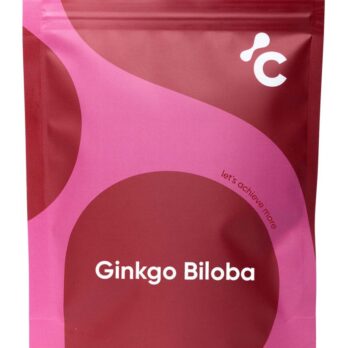 Vooraanzicht van Cerebra's Ginkgo -biloba -capsules in een rode en roze verpakking