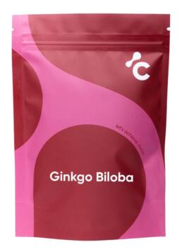 Vista frontal de las cápsulas Ginkgo Biloba de Cerebra en un empaque rojo y rosa