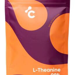 Vooraanzicht van Cerebra's L Theanine 98 capsules in een oranje en rode verpakking voor stemmingsondersteuning