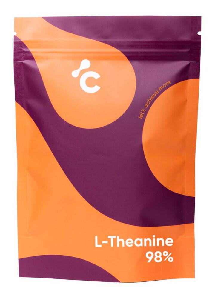 Front view of Cerebra’s L Theanine 98 capsules in a orange and red packaging for mood support