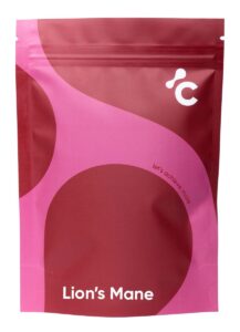 Front view of Cerebra’s Lion's mane capsules in a red and pink packaging