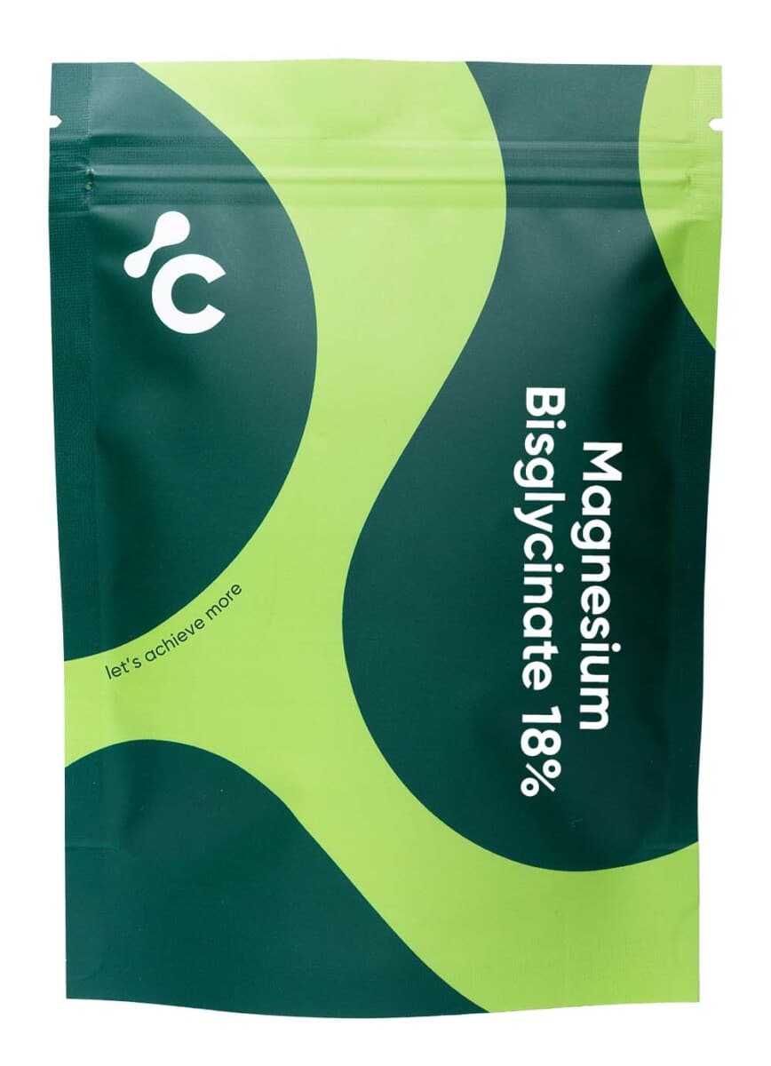 Magnesium Bisglycinate capsules in a green and lime packacking, front view , energy supplement Cerebra