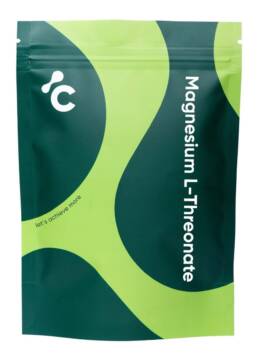 Vooraanzicht van Cerebra's magnesium L threonaatcapsules in een groene en limoenverpakking voor energieondersteuning