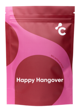 Front view of Cerebra’s Happy hangover capsules in a red and pink packaging