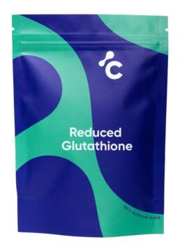 Vooraanzicht van de verminderde glutathioncapsules van Cerebra in een blauwe en turquoise verpakking