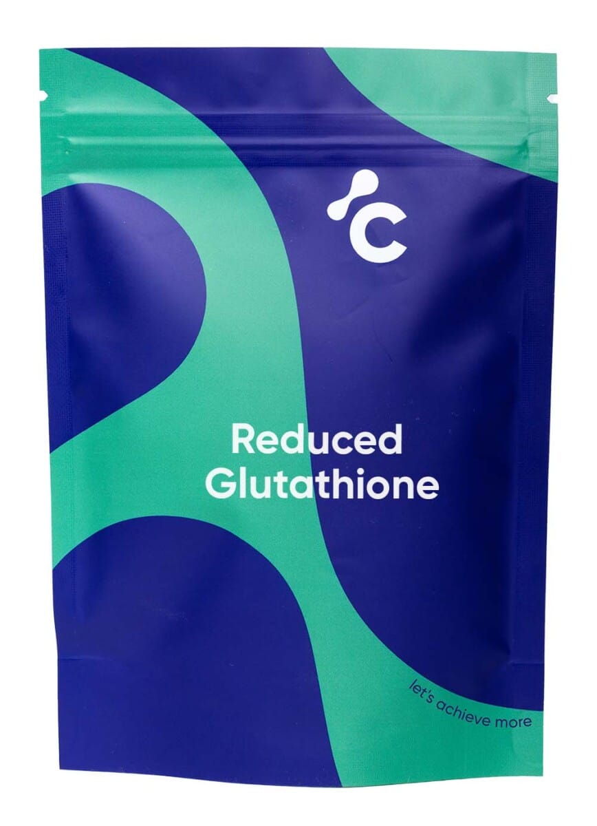 Front view of Cerebra’s Reduced glutathione capsules in a blue and turquoise packaging