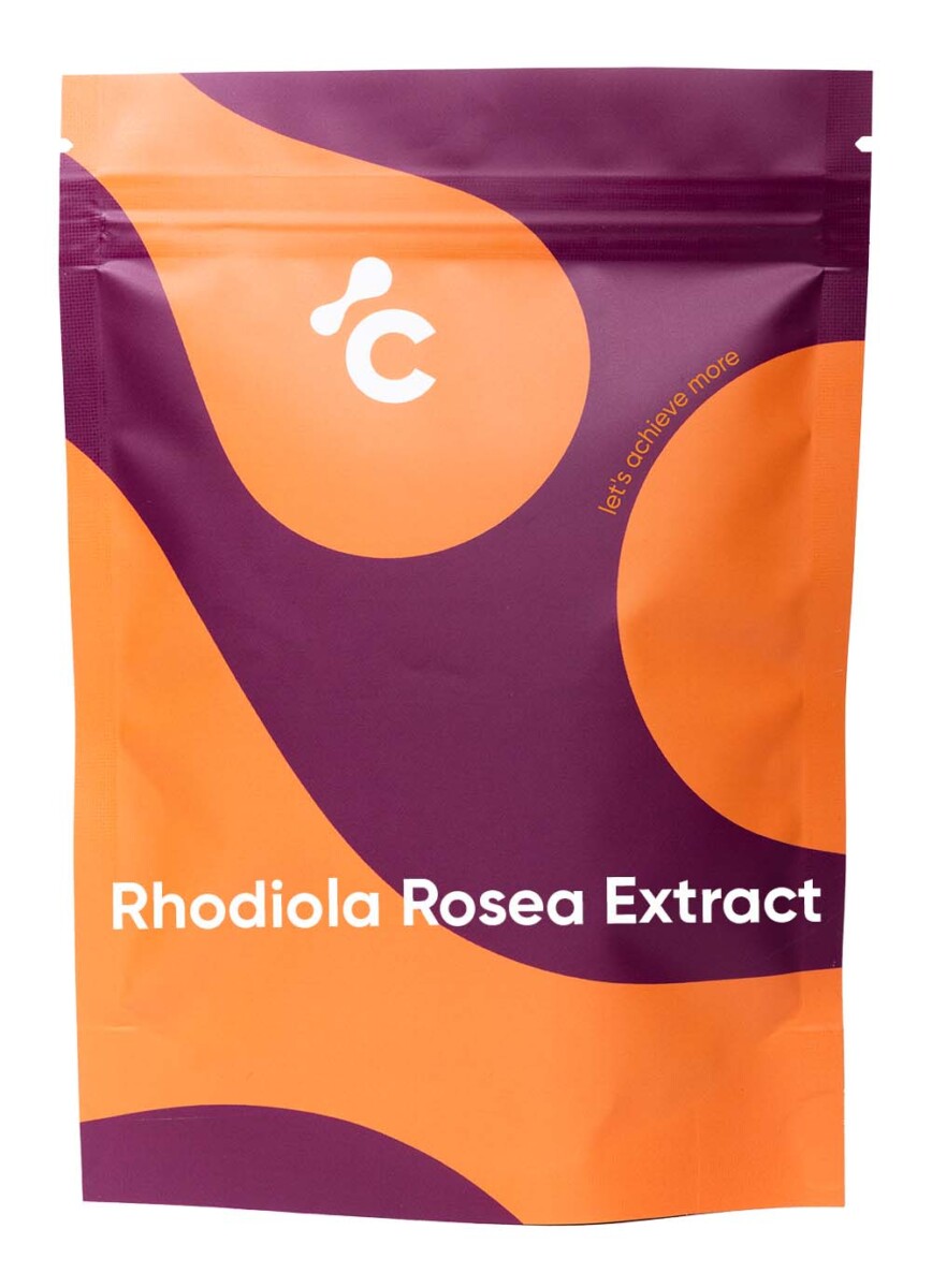 Vooraanzicht van Cerebra's Rhodiola Rosea-capsules in een oranje en rode verpakking voor stemmingsondersteuning