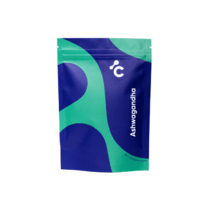 Front view of Cerebra’s Ashwagandha acapsules in a blue and turquoise packaging for focus support