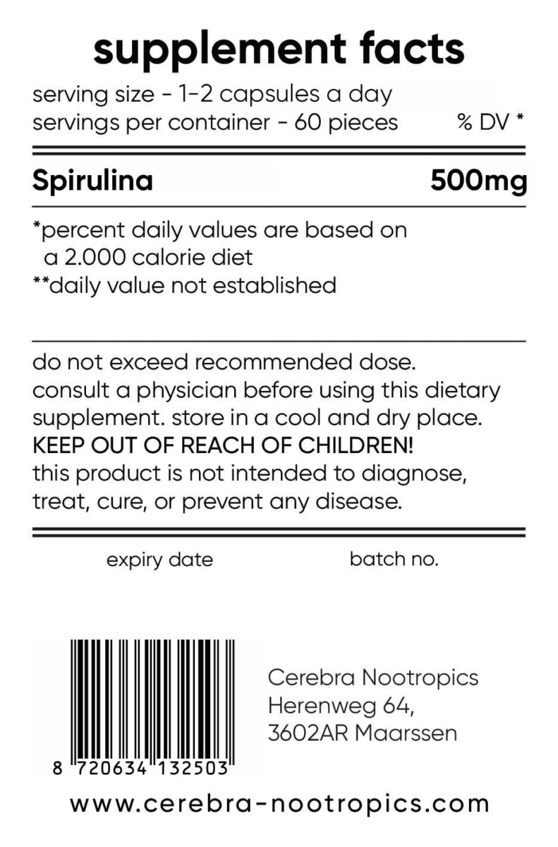 Cerebra's Spirulina packing label